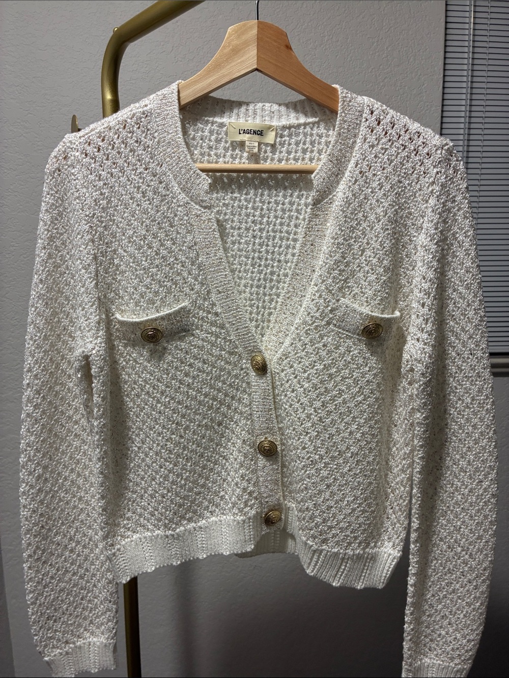 L'AGENCE Cream Textured Open-Weave Button Cardigan